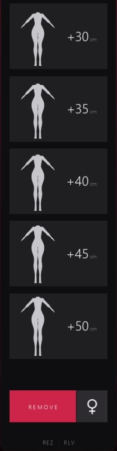 Height Deformer HUD, lower half: the +30 to +50 cm buttons, REMOVE and the male/female toggle