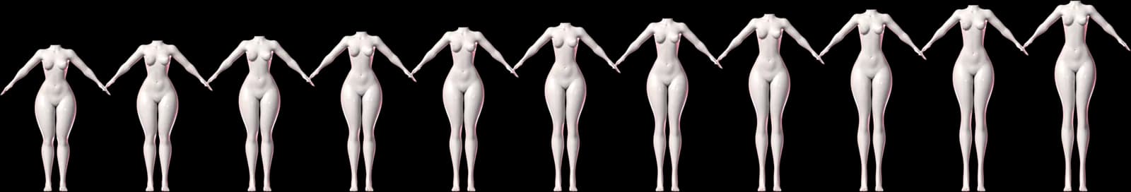 eBODY Reborn height lineup, base plus ten tiers from +5 cm to +50 cm